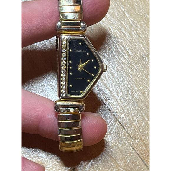 Vintage Pierre Nicol Half Moon Gold Tone Watch.Stretchy band.faux diamonds untes - Picture 1 of 8